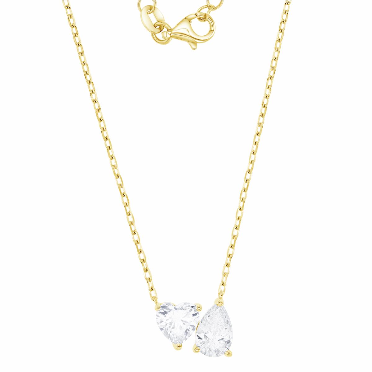 Sterling Silver Yellow 9.5MM Polished White CZ Heart & Teardrop Cut Solitaire 18+2" Necklace