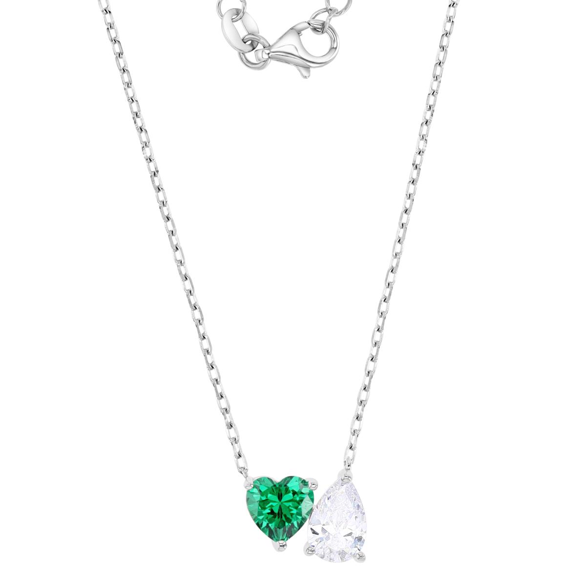 Sterling Silver Rhodium 9.5MM Polished Green & White CZ Heart & Teardrop Cut Solitaire 18+2" Necklace