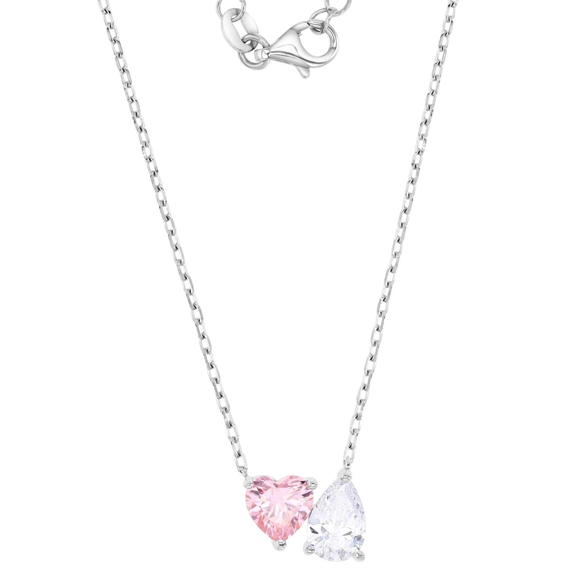 Sterling Silver Rhodium 9.5MM Polished Pink & White CZ Heart & Teardrop Cut Solitaire 18+2" Necklace