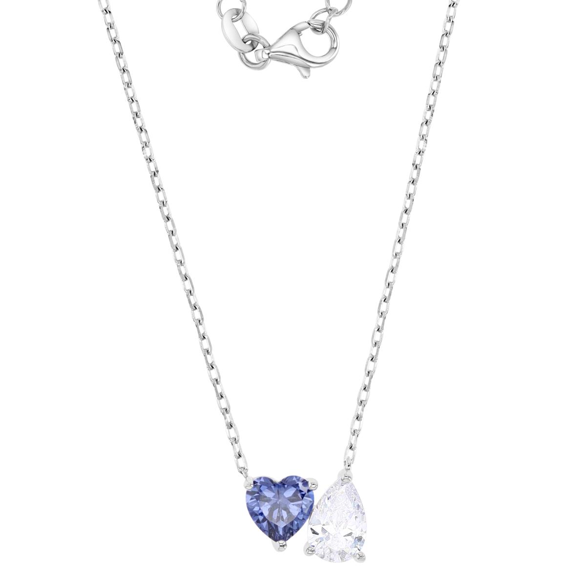 Sterling Silver Rhodium 9.5MM Polished Tanzanite & White CZ Heart & Teardrop Cut Solitaire 18+2" Necklace
