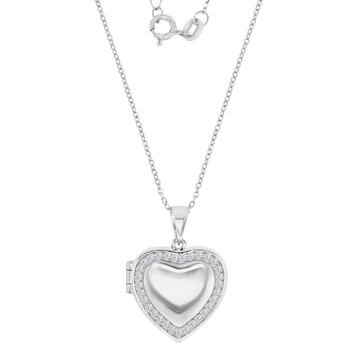 Sterling Silver Rhodium 30MM Polished White CZ Heart Medallion Locket 16+2" Necklace
