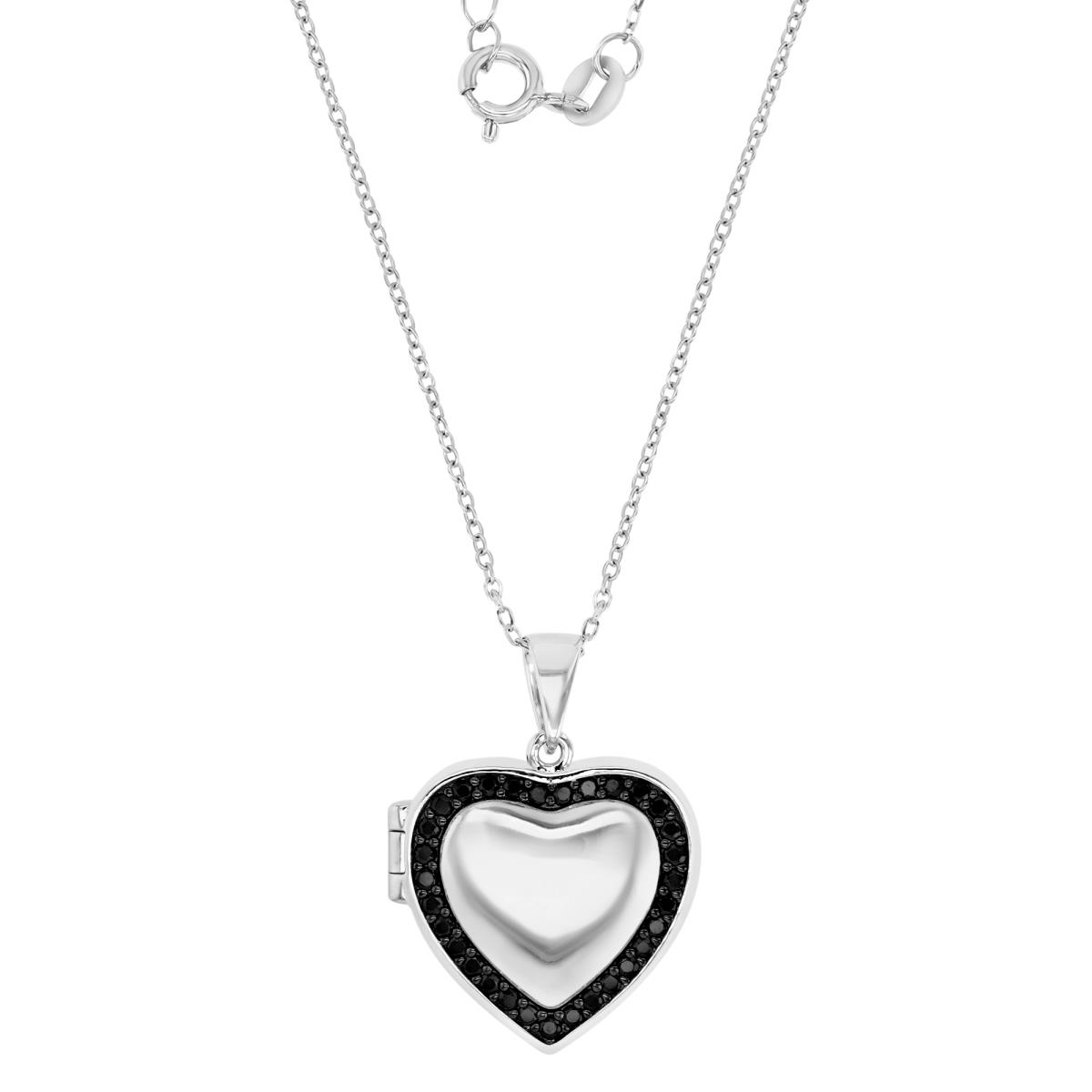 Sterling Silver Black & White 30MM Polished Black Spinel Heart Medallion 16+2" Necklace