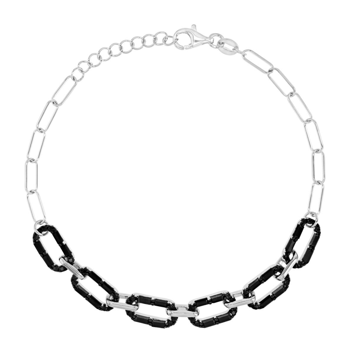 Sterling Silver Black & White 6MM Polished Black Spinel Mariner Link Paper Clip 7+1" Bracelet