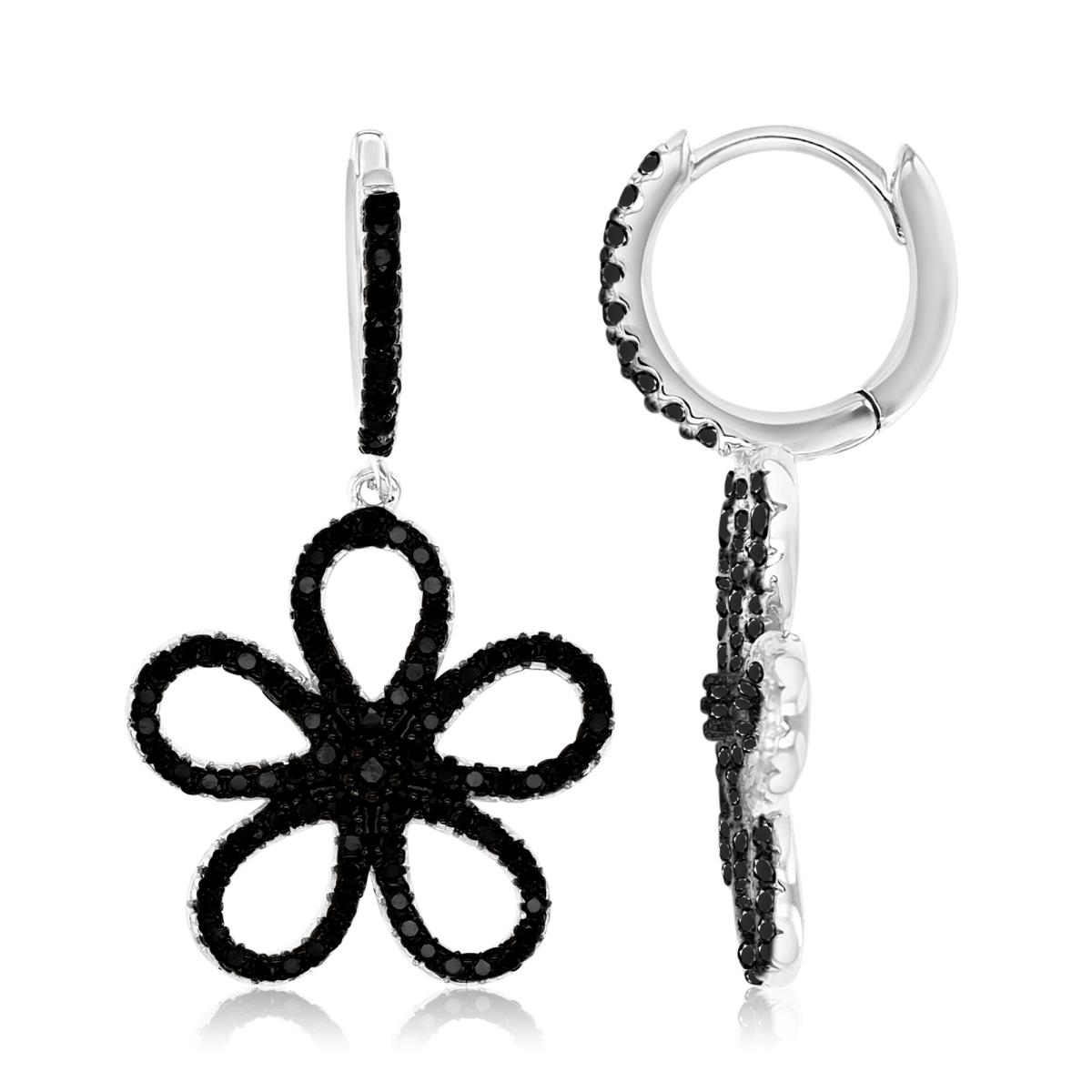 Sterling Silver Black & White 33MM Polished Black Spinel Open Flower Dangling Earrings