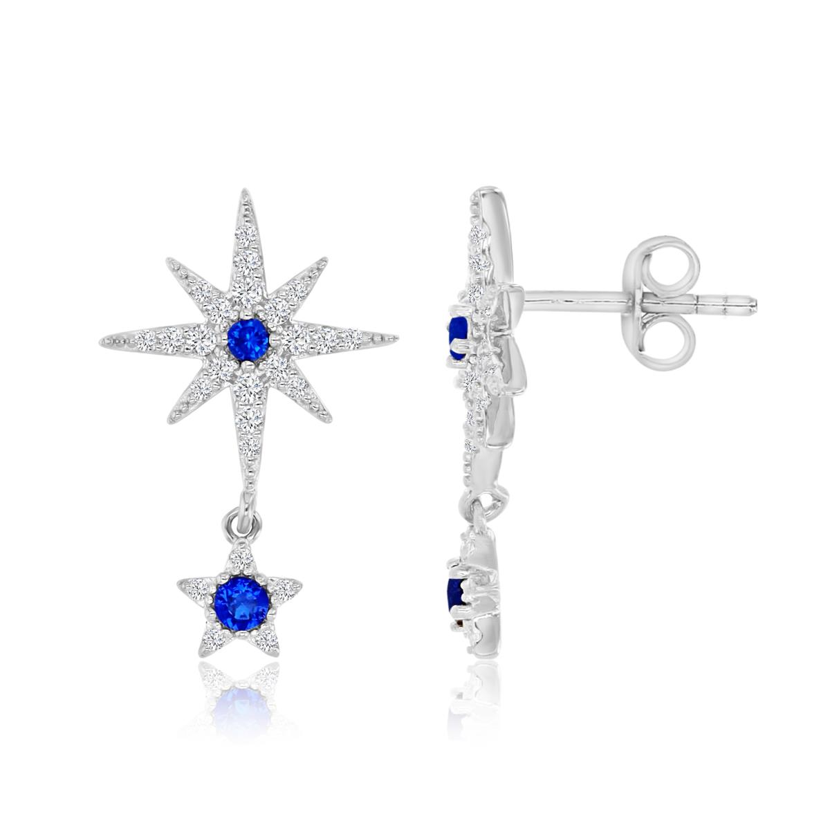Sterling Silver Rhodium 21MM Polished Blue Sapphire & White CZ Star Dangling Earrings