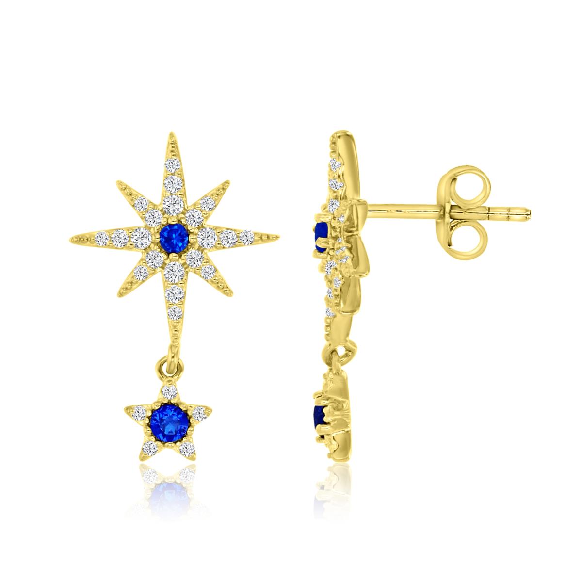 Sterling Silver Yellow 21MM Polished Blue Sapphire & White CZ Star Dangling Earrings