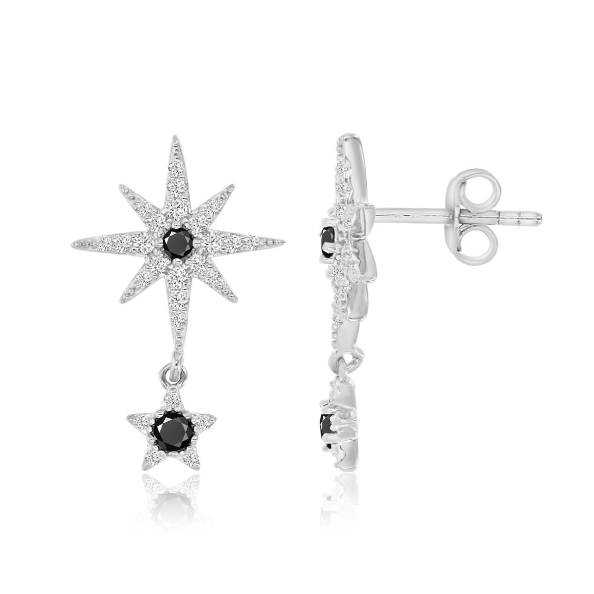 Sterling Silver Rhodium 21MM Polished Black Spinel & Cr White Sapphire Star Dangling Earrings