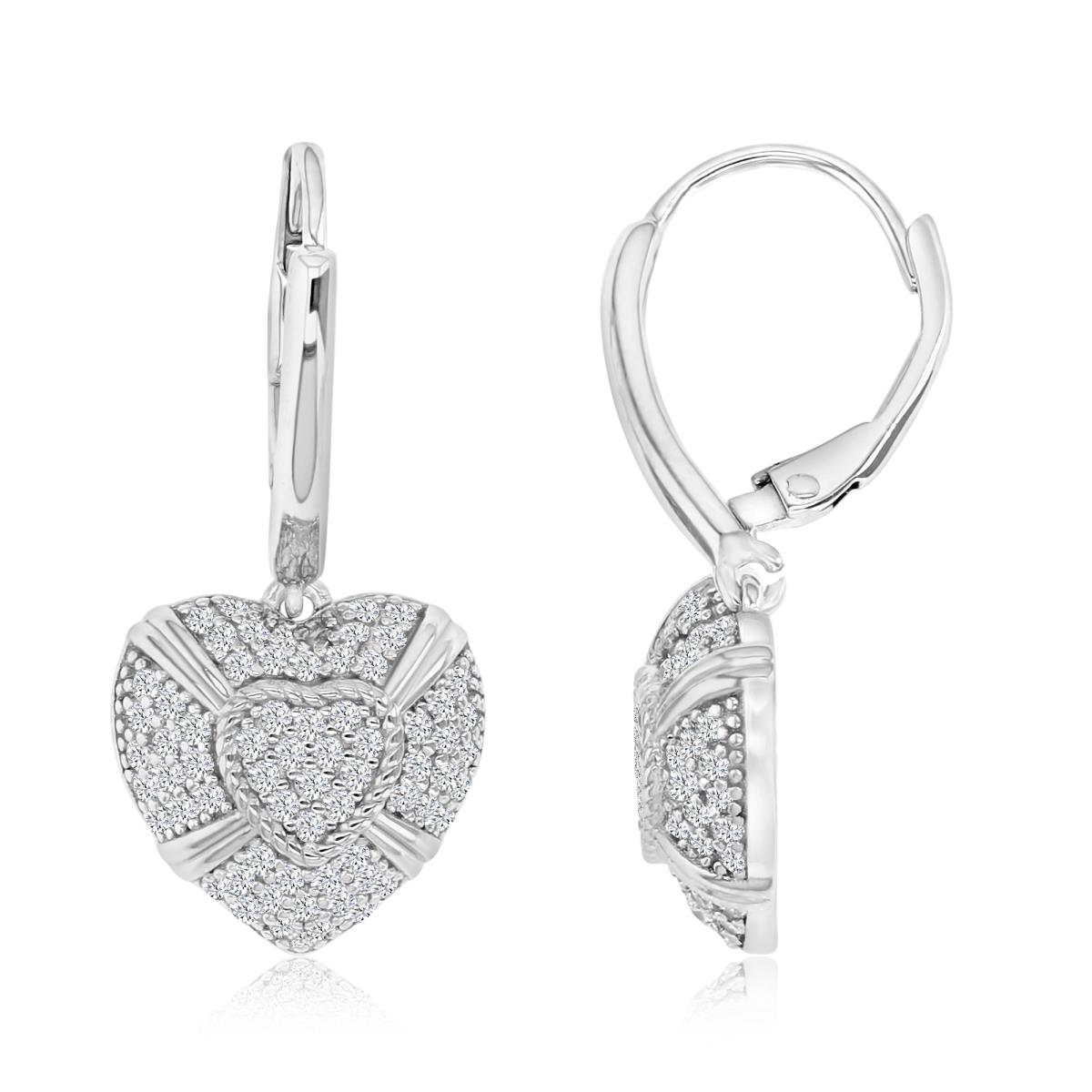 Sterling Silver Rhodium 30MM Polished White CZ Pave Dangling Heart Earrings