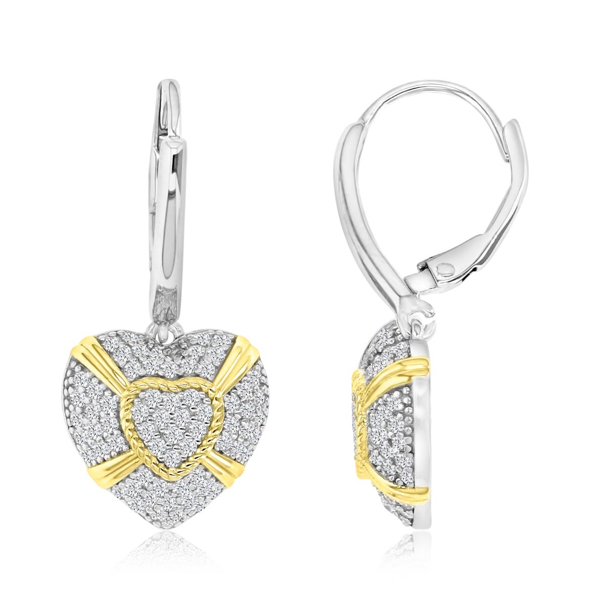 Sterling Silver Yellow & White 30MM Polished White CZ Pave Dangling Heart Earrings