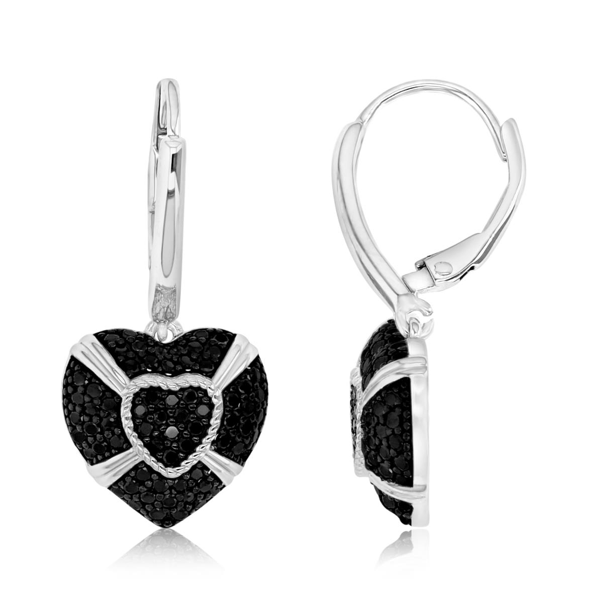 Sterling Silver Black & White 30MM Polished Black Spinel Pave Dangling Heart Earrings
