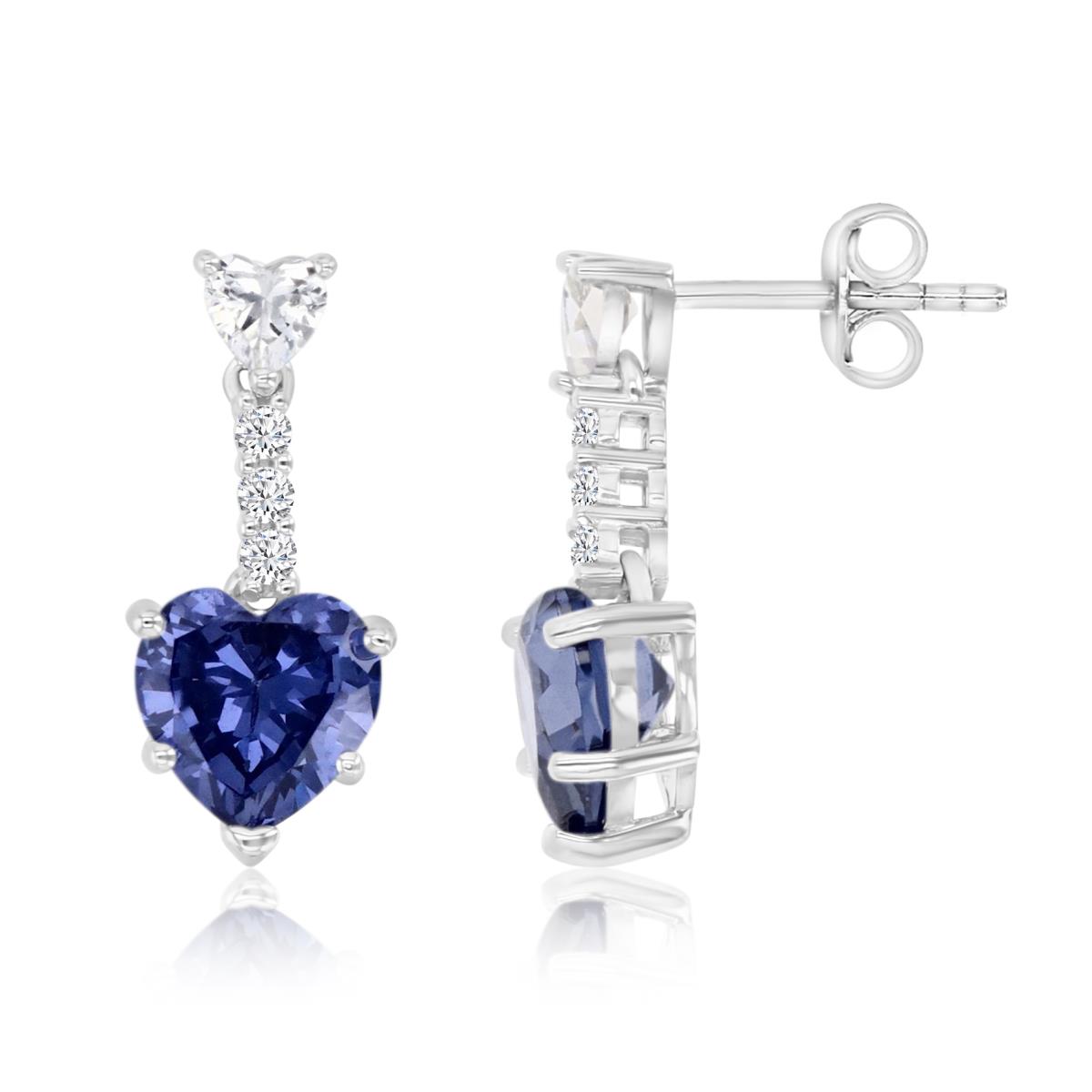 Sterling Silver Platinium Plate 20MM Polished Tanzanite & White CZ Dangling Solitaire Heart Earrings