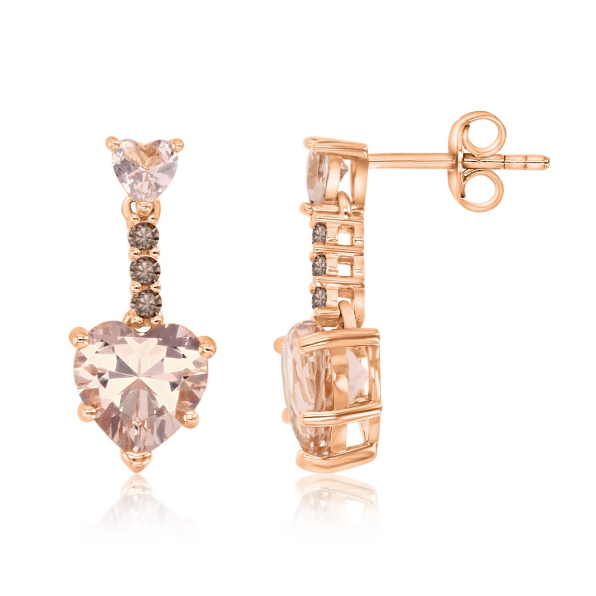 Sterling Silver Rose Plated 1M 20MM Polished Morganite & Coffee CZ Dangling Solitaire Heart Earrings
