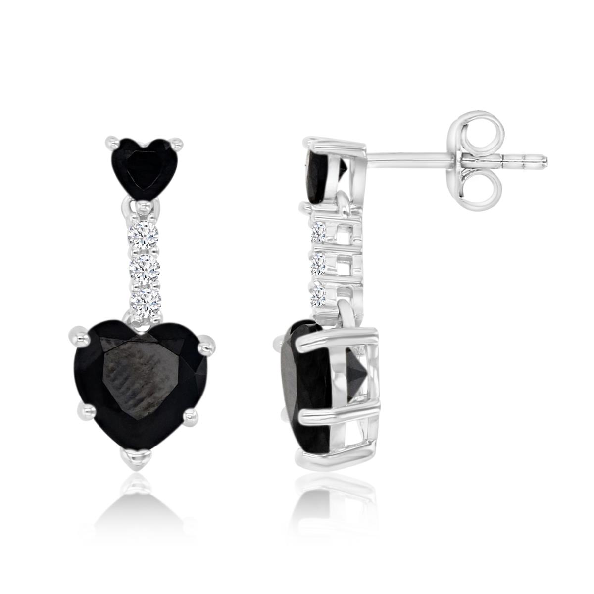 Sterling Silver Rhodium 20MM Polished Black Spinel & Cr White Sapphire Dangling Solitaire Heart Earrings