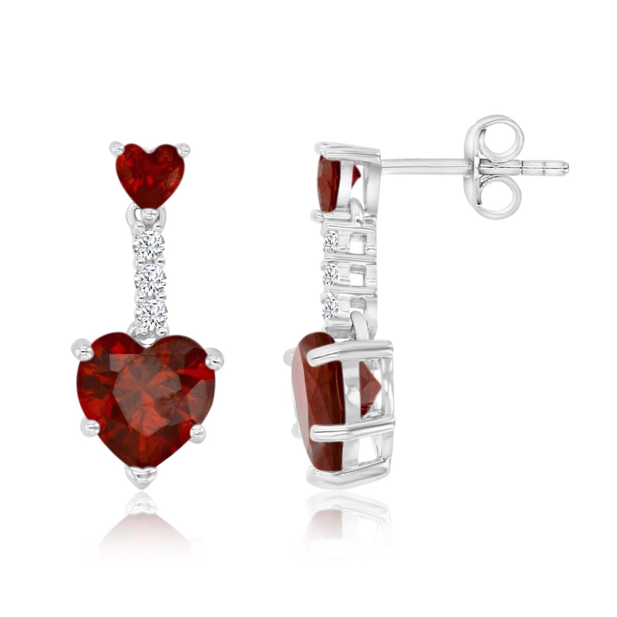 Sterling Silver Rhodium 20MM Polished Cr Ruby & Cr White Sapphire Dangling Solitaire Heart Earrings