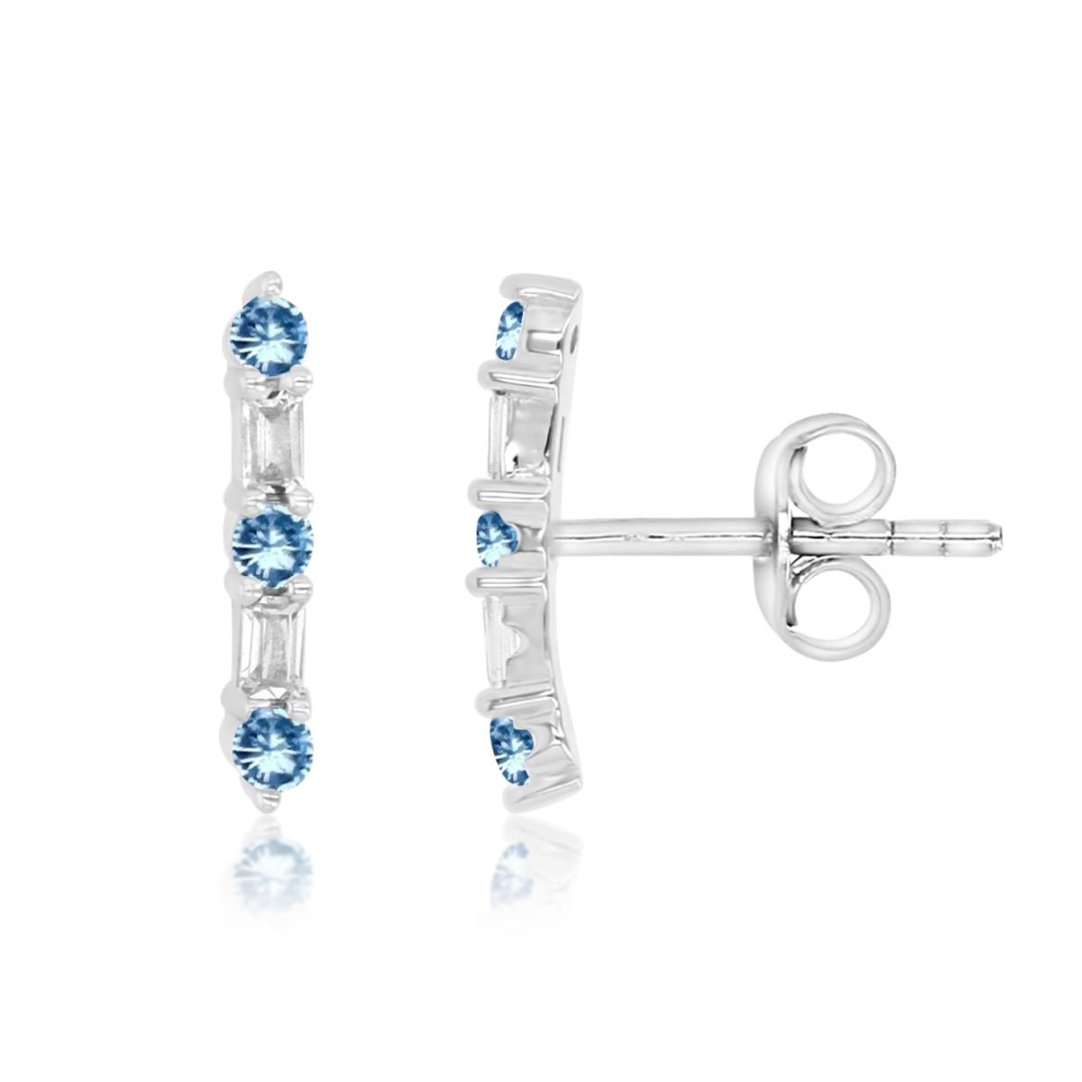 Sterling Silver Rhodium 13X2MM Polished Cr Blue & White CZ Baguette Stud Earrings