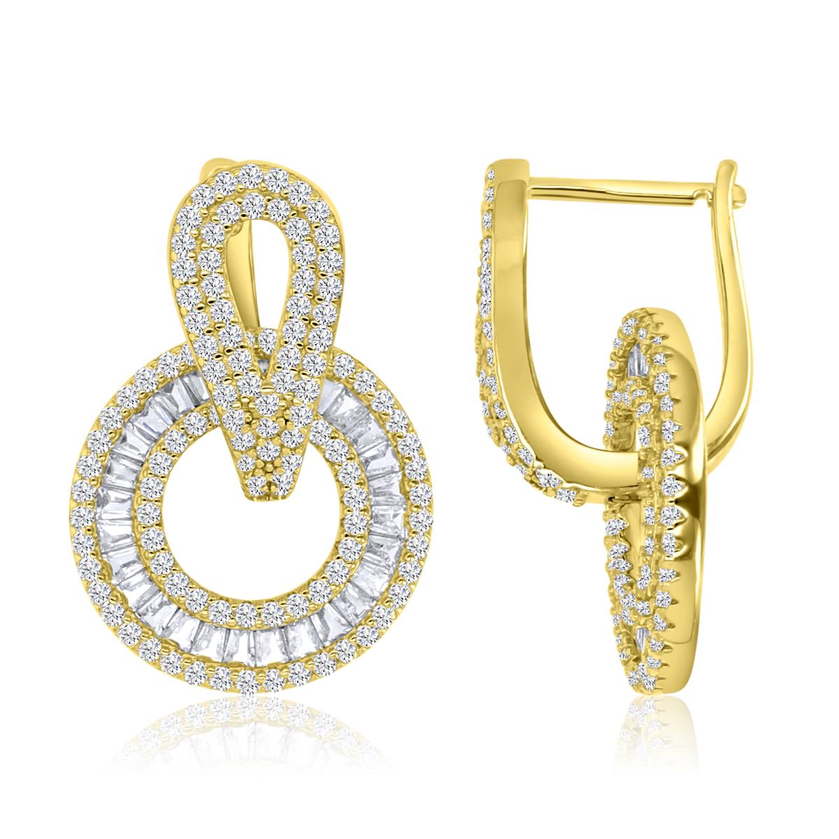 Sterling Silver Yellow 26MM Polished White CZ Pave & Tap Baguette Dangling Circle Earrings