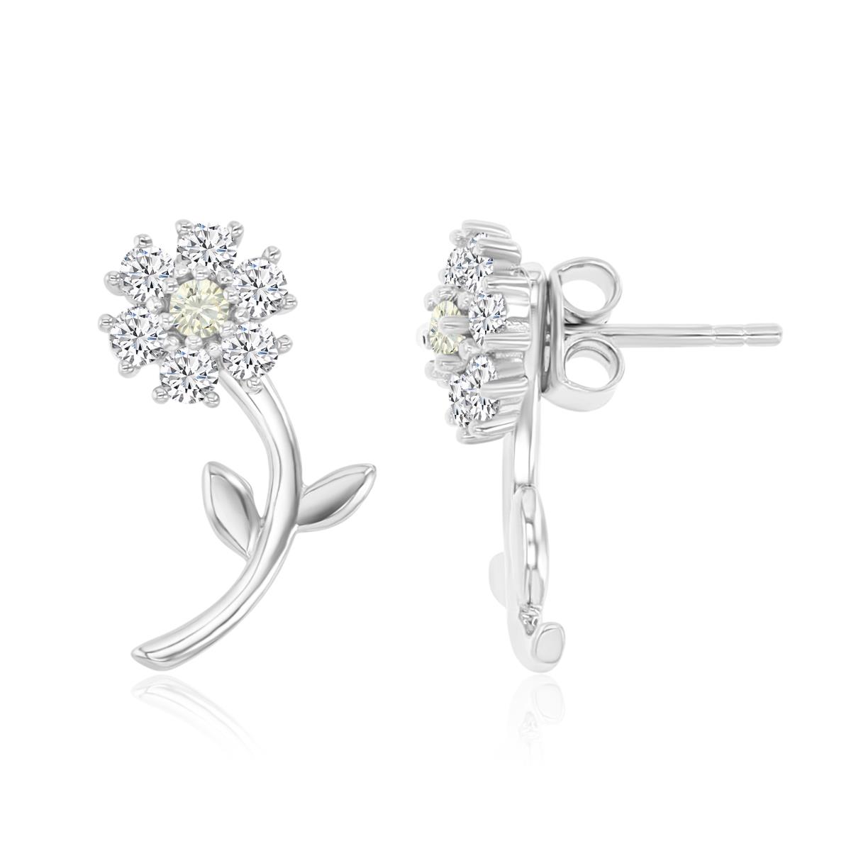 Sterling Silver Rhodium 18X8.5MM Polished Canary Yellow & White CZ Flower & Dangling Stem Earrings
