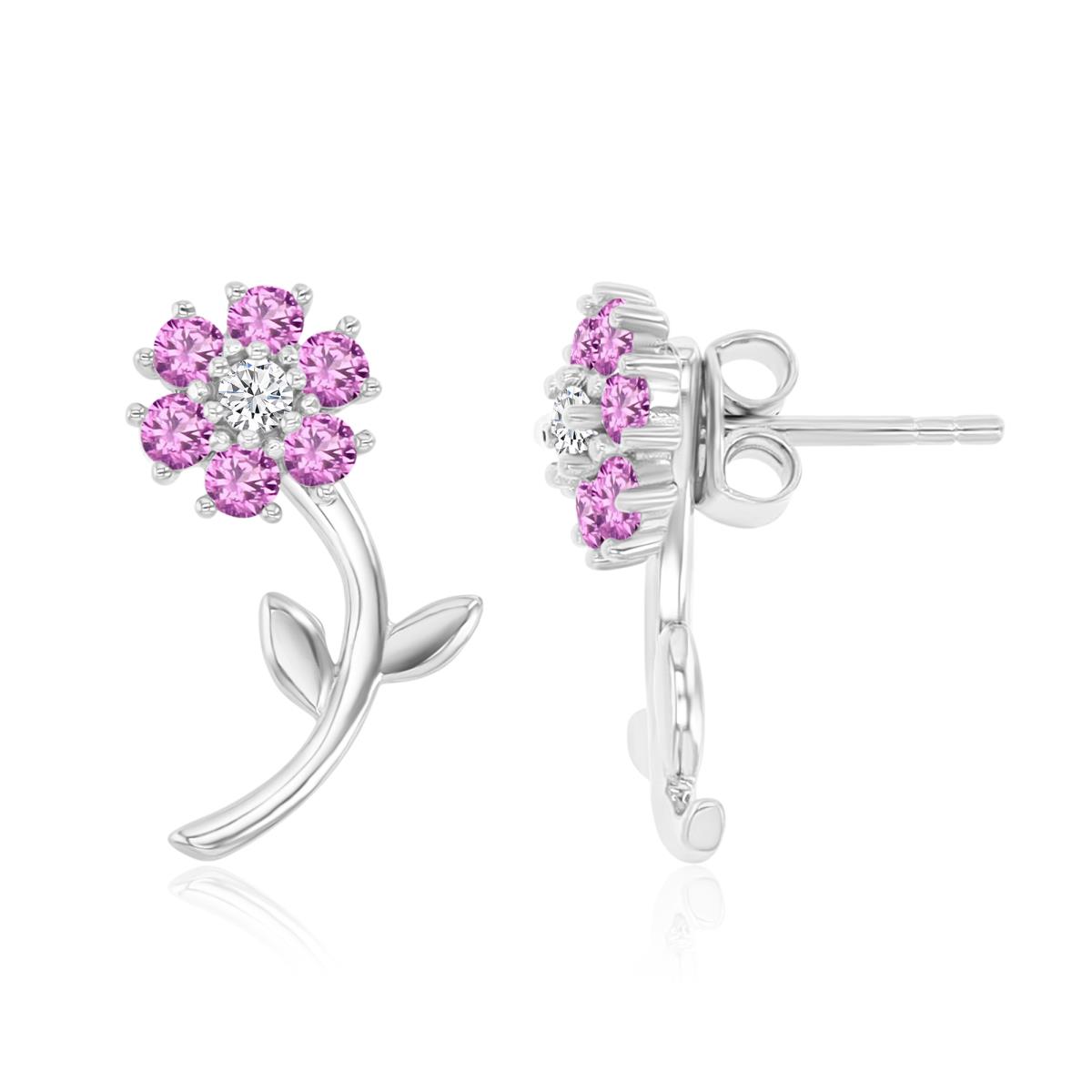 Sterling Silver Rhodium 18X8.5MM Polished Cr Pink & Cr White Sapphire Flower & Dangling Stem Earrings