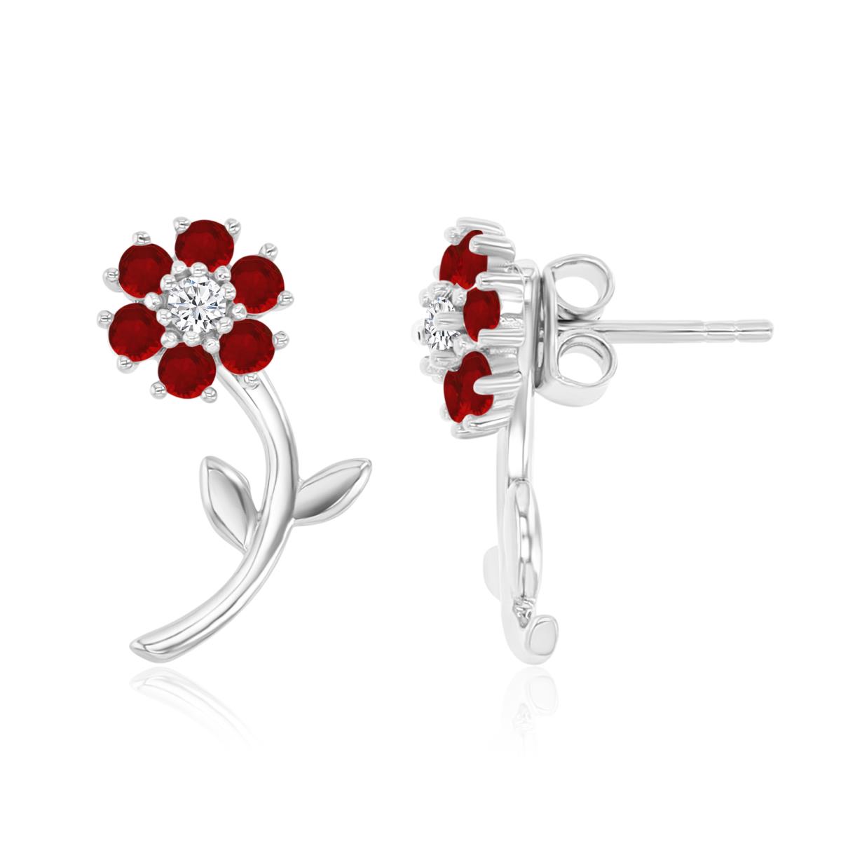 Sterling Silver Rhodium 18X8.5MM Polished Cr Ruby & Cr White Sapphire Flower & Dangling Stem Earrings