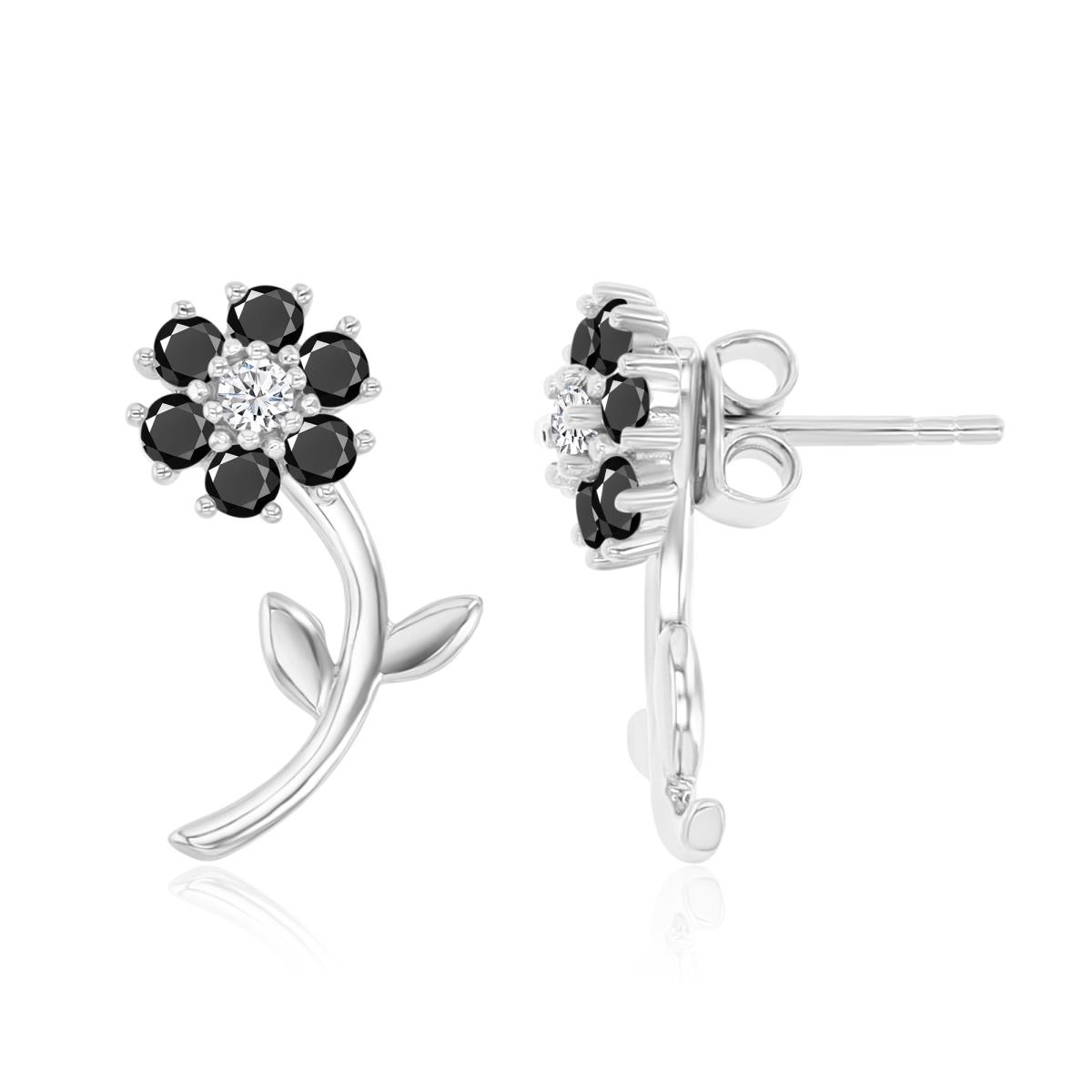 Sterling Silver Rhodium 18X8.5MM Polished Black Spinel & Cr White Sapphire Flower & Dangling Stem Earrings