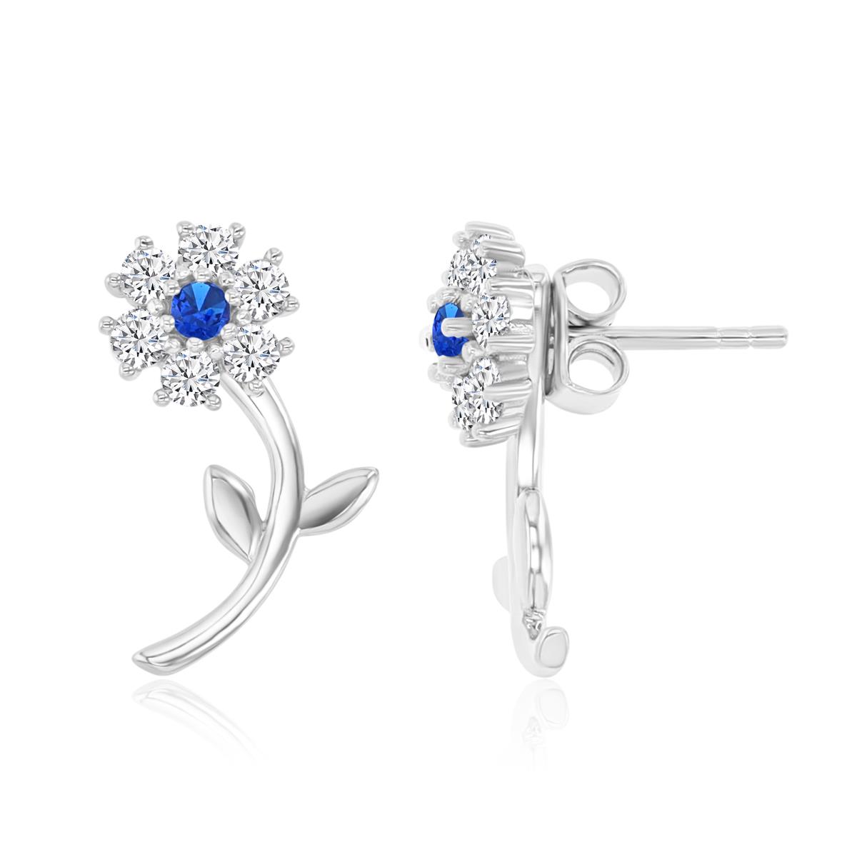 Sterling Silver Rhodium 18X8.5MM Polished Blue & Cr White Sapphire Flower & Dangling Stem Earrings