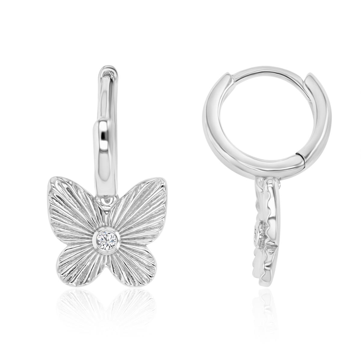 Sterling Silver Rhodium 20MM Polished White CZ Butterfly Dangling Earrings