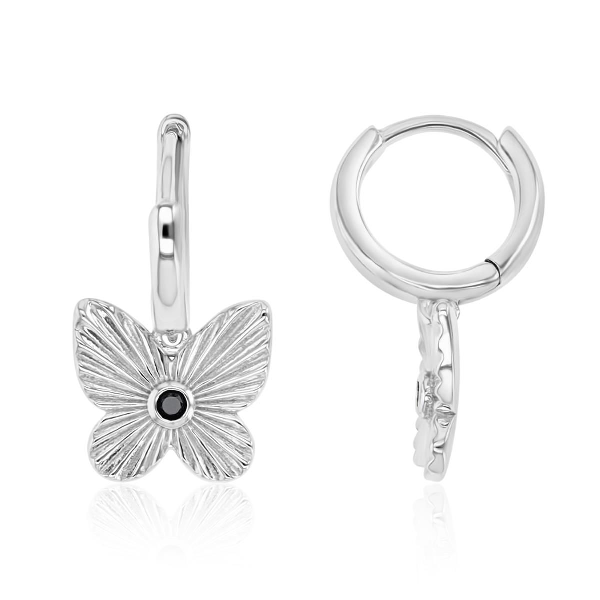 Sterling Silver Rhodium 20MM Polished Black Spinel Butterfly Dangling Earrings