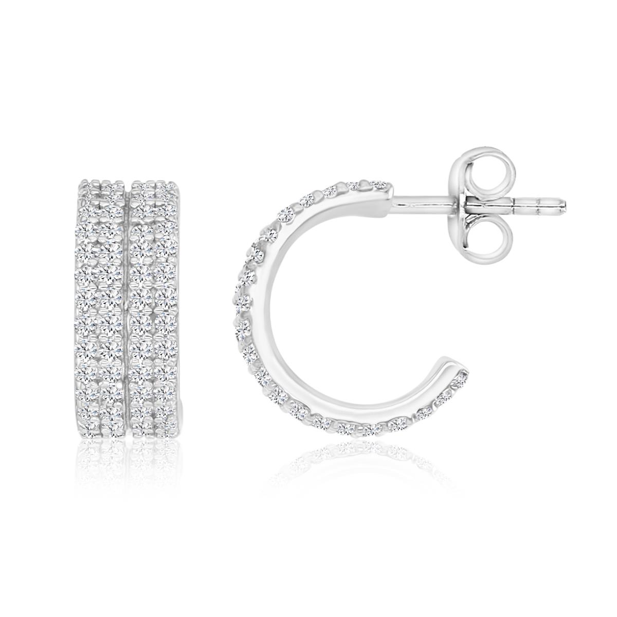 Sterling Silver Rhodium 12.4X5MM Polished White CZ Pave Half Huggie Stud Earrings
