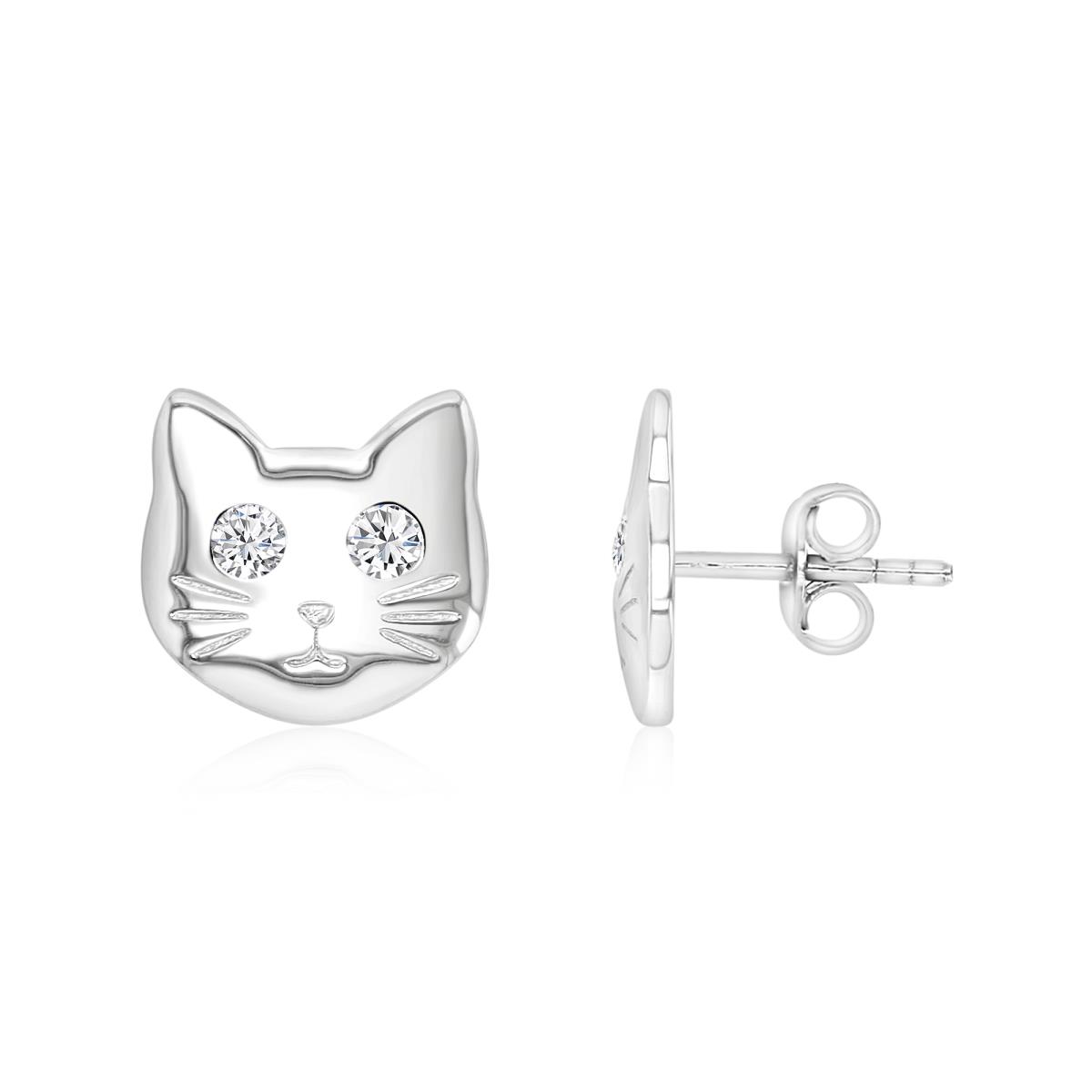 Sterling Silver Rhodium 11MM Polished White CZ Cat Face Stud Earrings