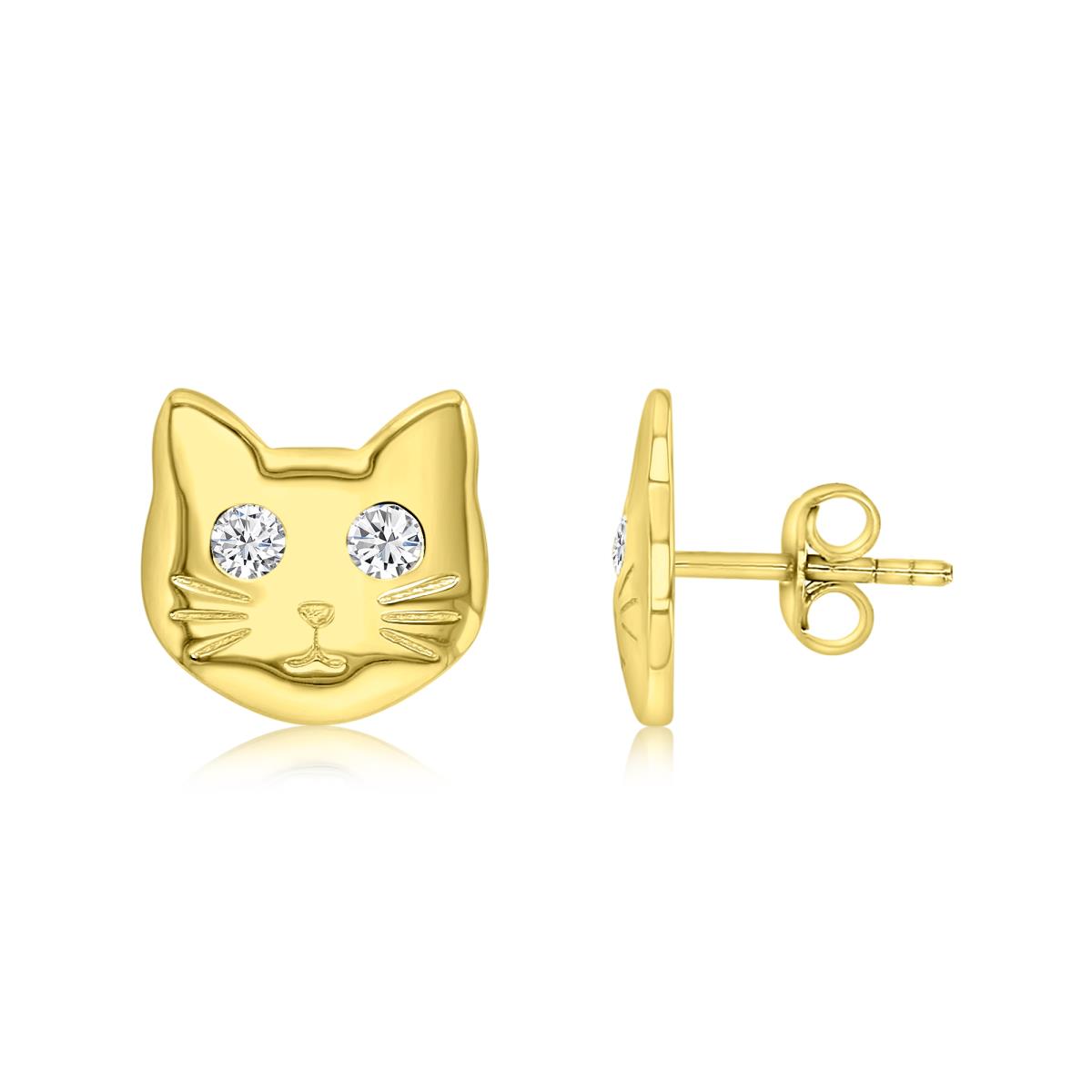 Sterling Silver Yellow 11MM Polished White CZ Cat Face Stud Earrings