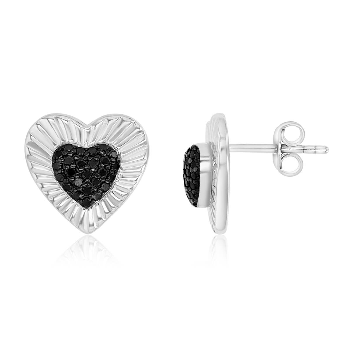 Sterling Silver Black & White 12MM Polished Black Spinel Heart Pave Stud Earrings