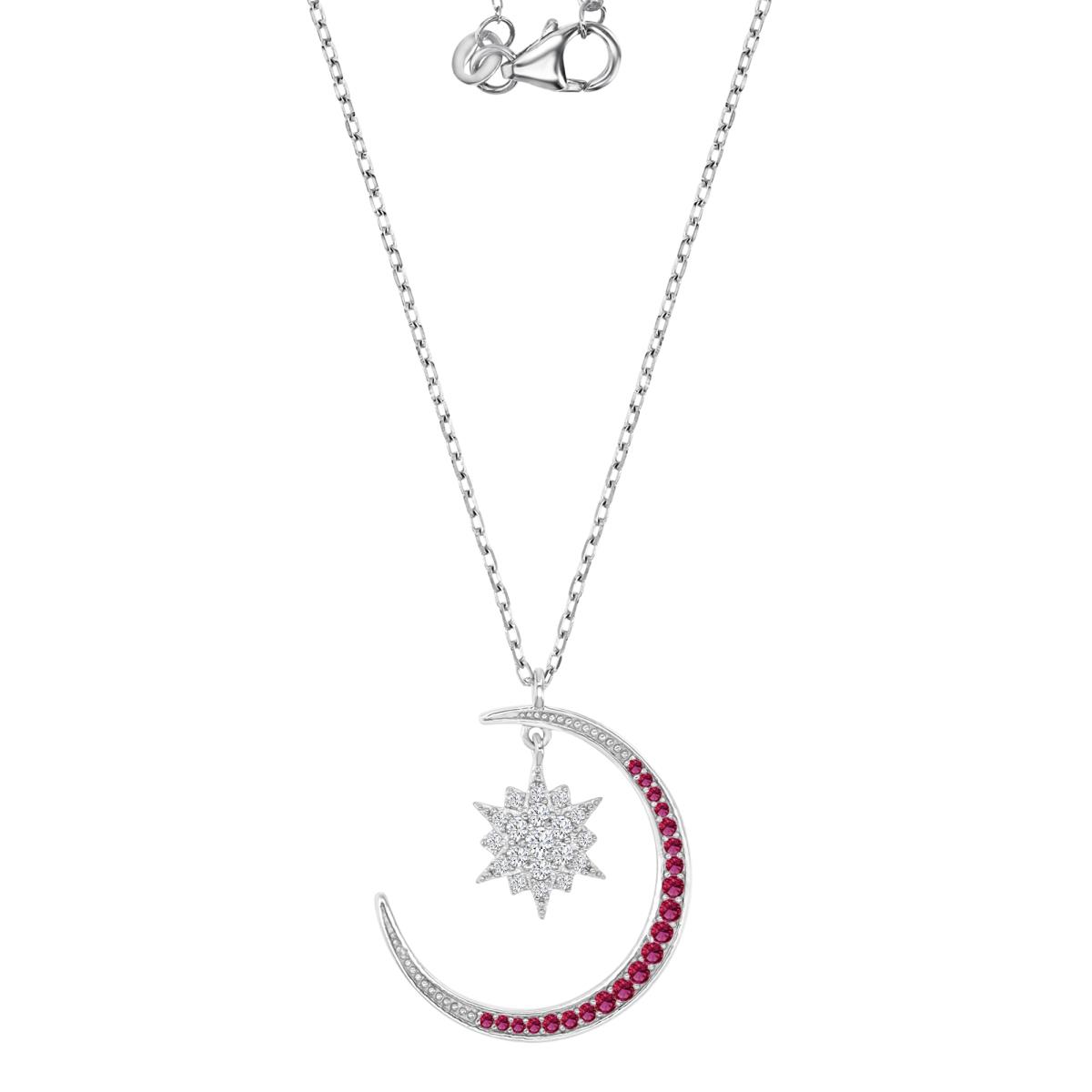 Sterling Silver Rhodium 25MM Polished Cr Ruby & Cr White Sapphire Dangling Moon & Star 16+2" Necklace