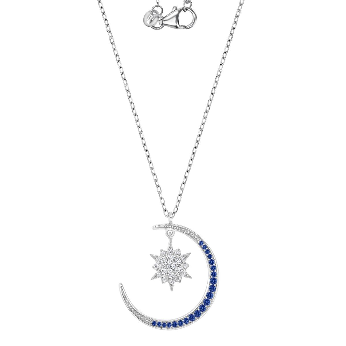 Sterling Silver Rhodium 25MM Polished Blue & Cr White Sapphire Dangling Moon & Star 16+2" Necklace