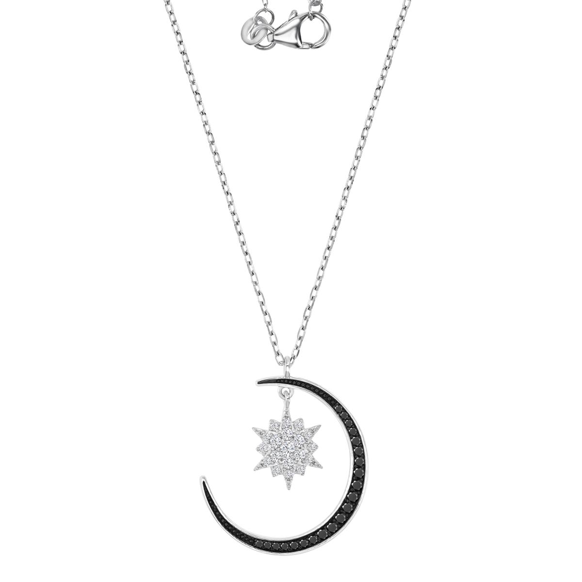 Sterling Silver Black & White 25MM Polished Black Spinel & Cr White Sapphire Dangling Moon & Star 16+2" Necklace