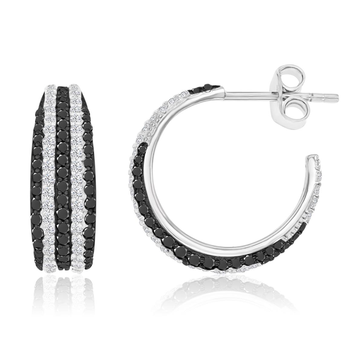 Sterling Silver Black & White 18MM Polished Black Spinel & Cr White Sapphire Half Hoop Earrings