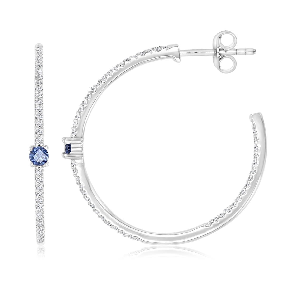 Sterling Silver Rhodium 26MM Polished Tanzanite & White CZ Solitaire Hoop Earrings