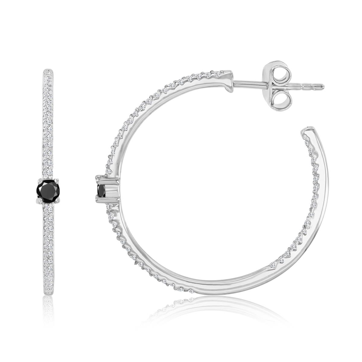 Sterling Silver Rhodium 26MM Polished Black Spinel & Cr White Sapphire Solitaire Hoop Earrings