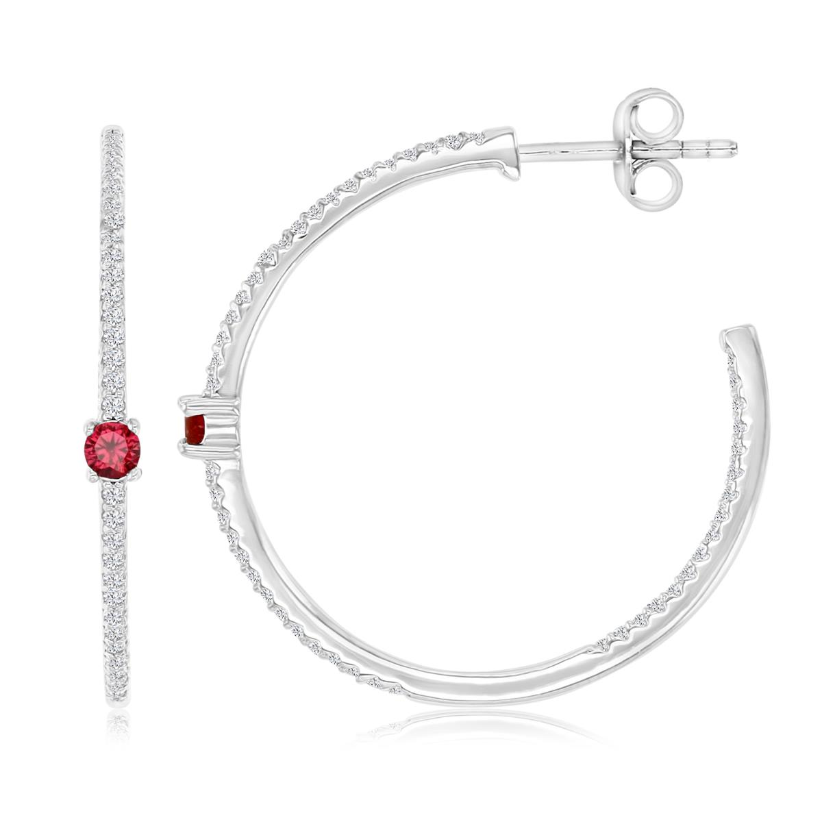 Sterling Silver Rhodium 26MM Polished Cr Ruby & Cr White Sapphire Solitaire Hoop Earrings
