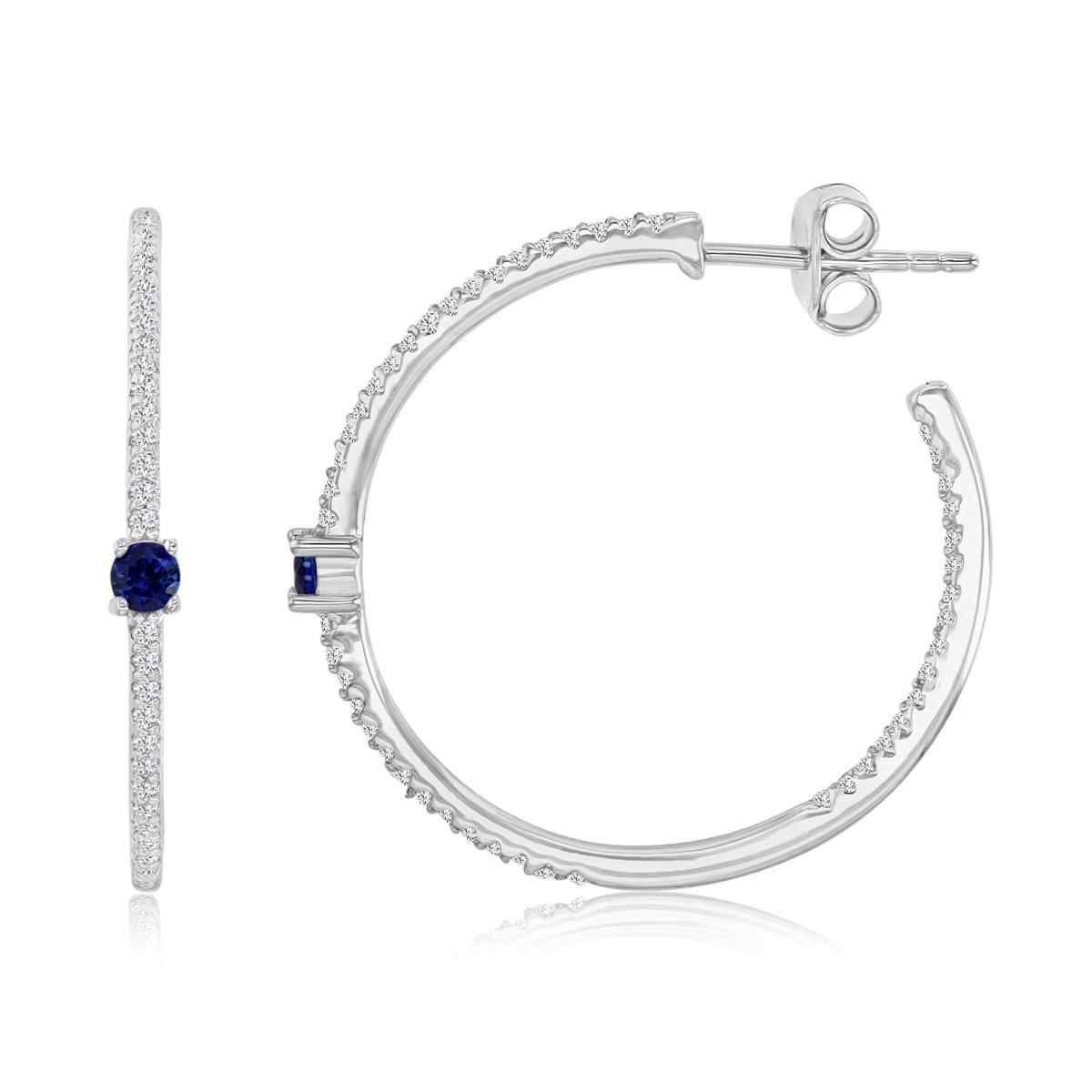 Sterling Silver Rhodium 26MM Polished Blue & Cr White Sapphire Solitaire Hoop Earrings