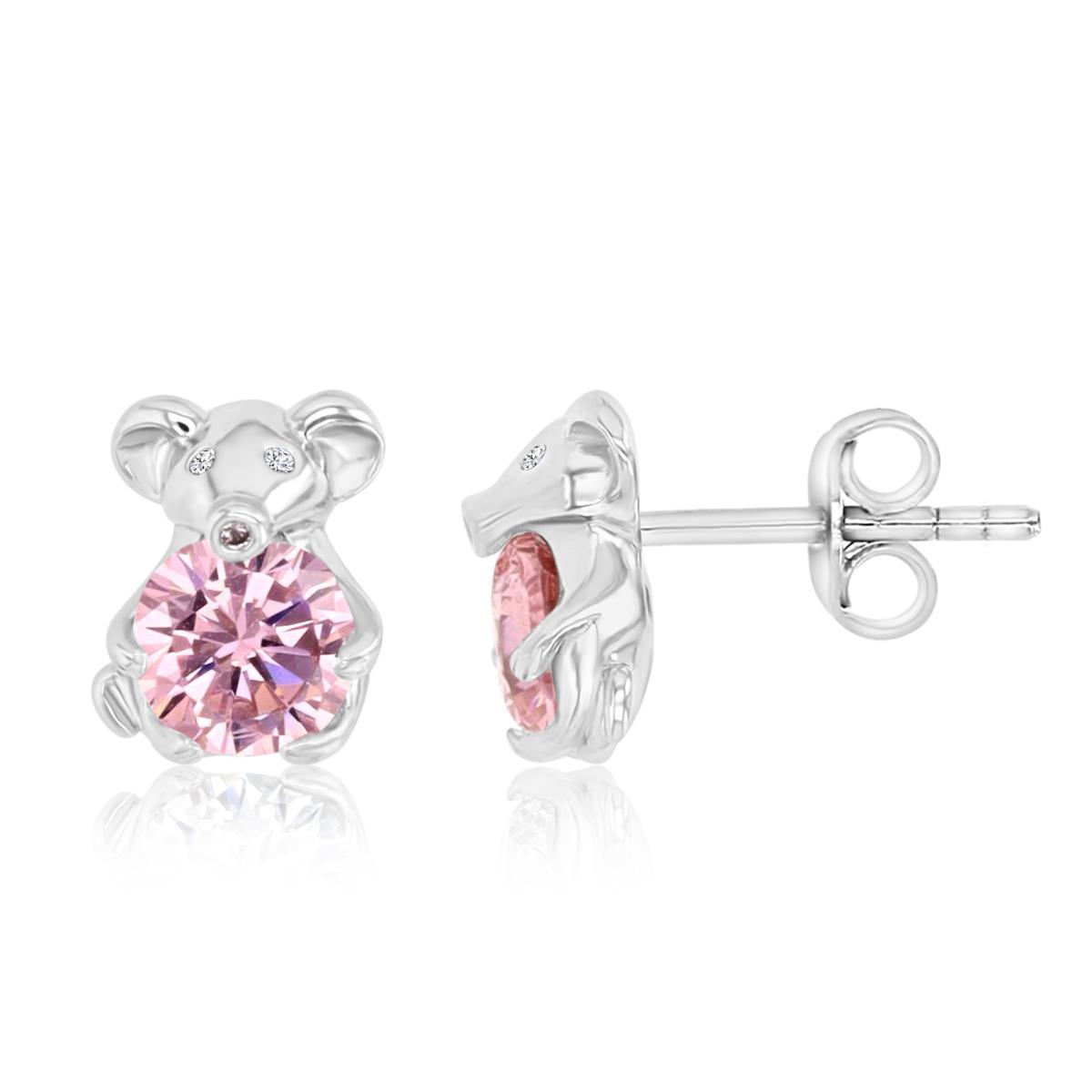 Sterling Silver Rhodium 10MM Polished Pink & White CZ Mouse Stud Earrings