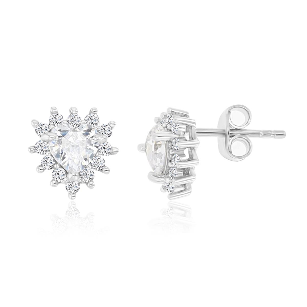 Sterling Silver Rhodium 9MM Polished White CZ Heart Stud Earrings
