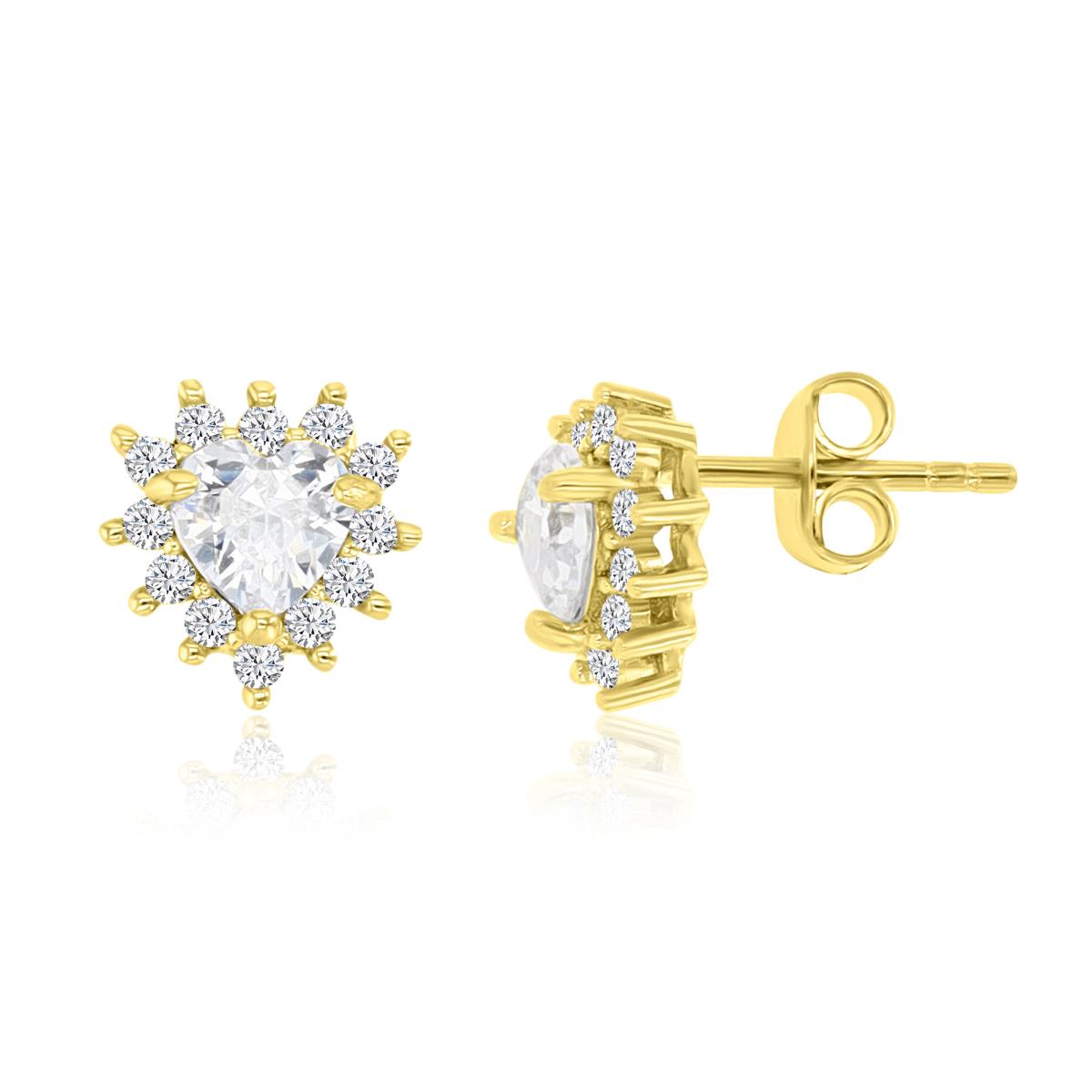 Sterling Silver Yellow 9MM Polished White CZ Heart Stud Earrings