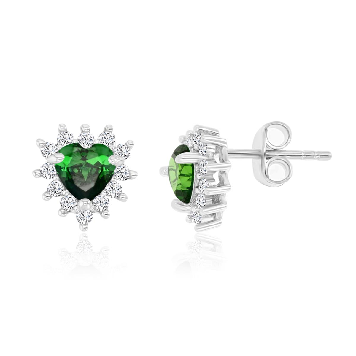 Sterling Silver Rhodium 9MM Polished Green & White CZ Heart Stud Earrings