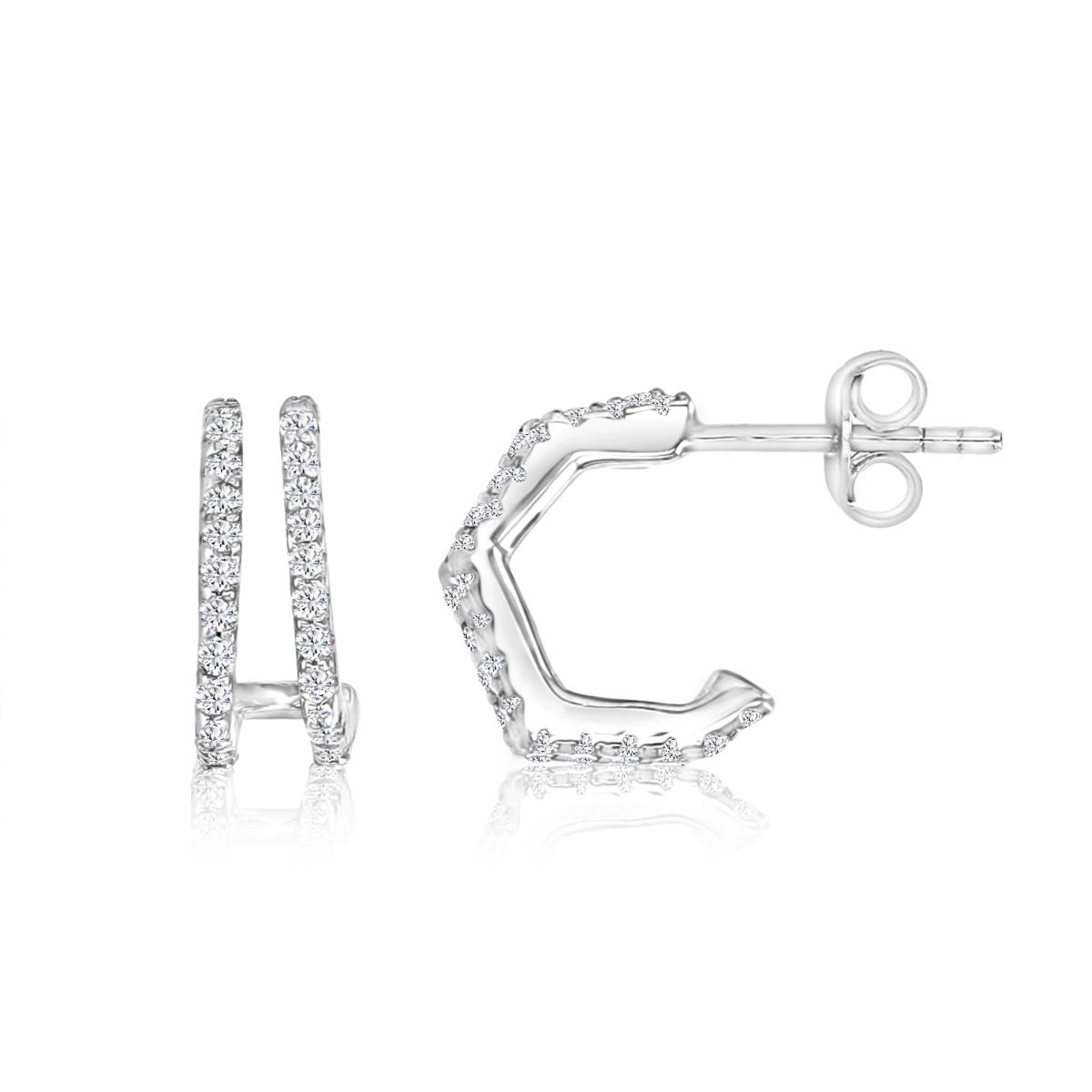 Sterling Silver Rhodium 11MM Polished White CZ Half Octagon Huggie Earrings