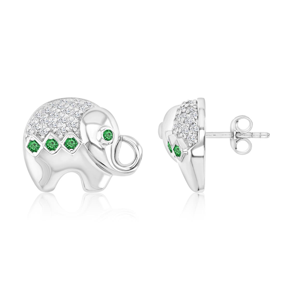 Sterling Silver Rhodium 10.5MM Polished Green Nano & White CZ Elephant Stud Earrings