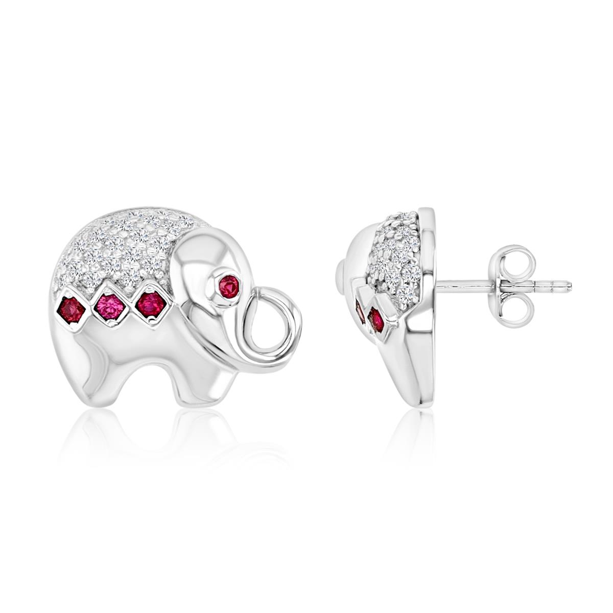 Sterling Silver Rhodium 10.5MM Polished Cr Ruby & Cr White Sapphire Elephant Stud Earrings