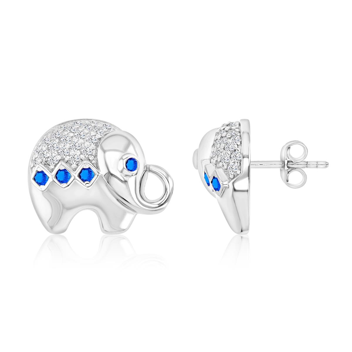Sterling Silver Rhodium 10.5MM Polished Blue & Cr White Sapphire Elephant Stud Earrings
