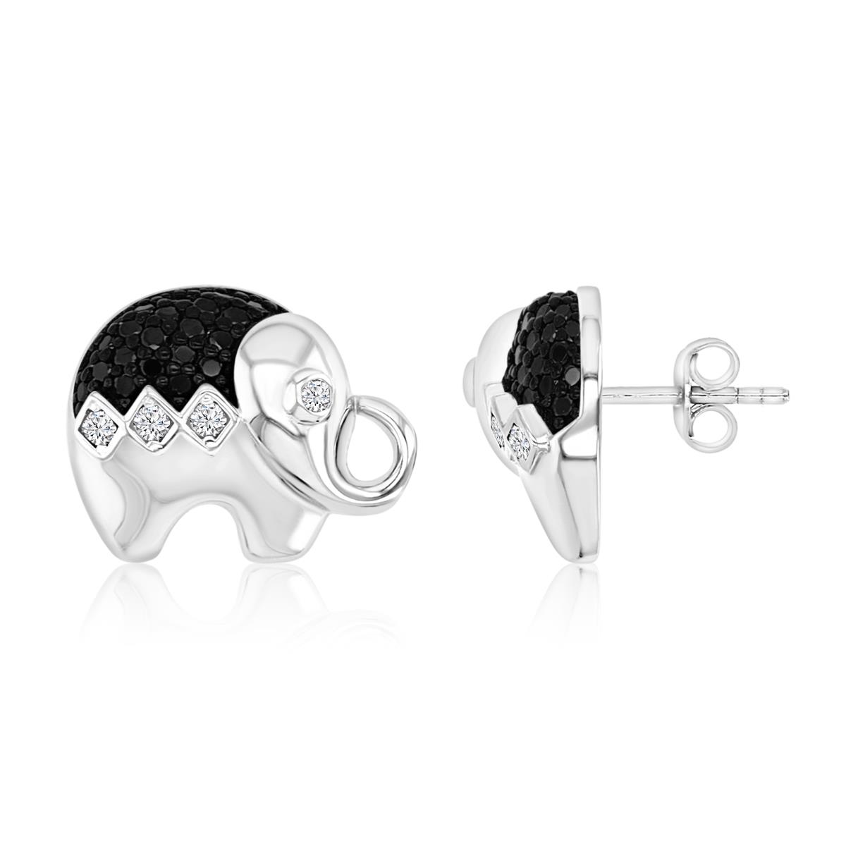 Sterling Silver Black & White 10.5MM Polished Black Spinel & Cr White Sapphire Elephant Stud Earrings