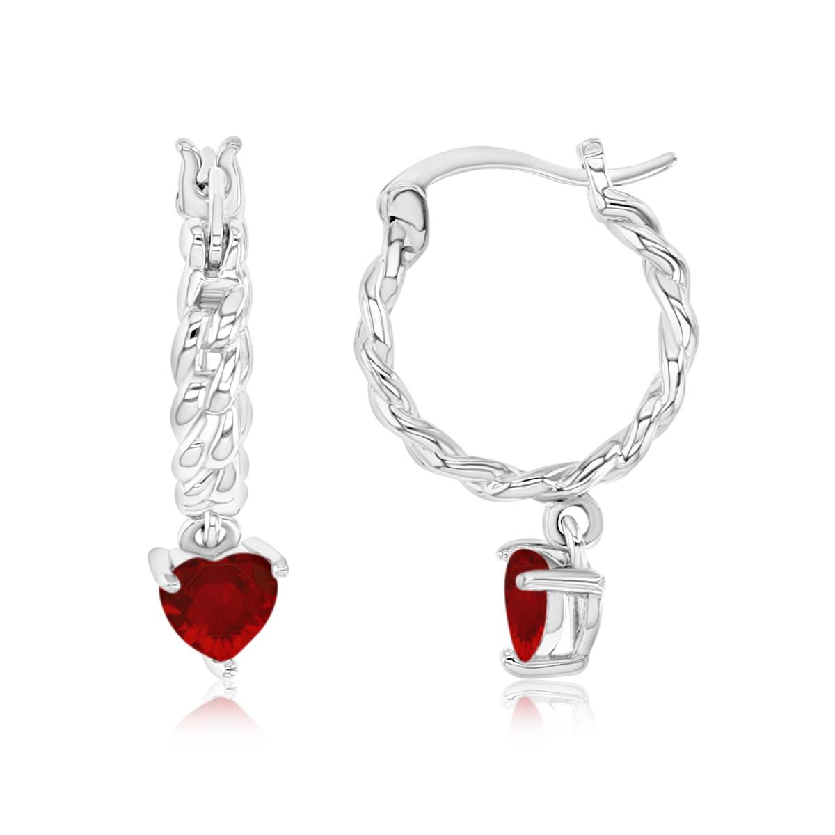 Sterling Silver Rhodium 24MM Polished Cr Ruby Heart Hoop Dangling Earrings