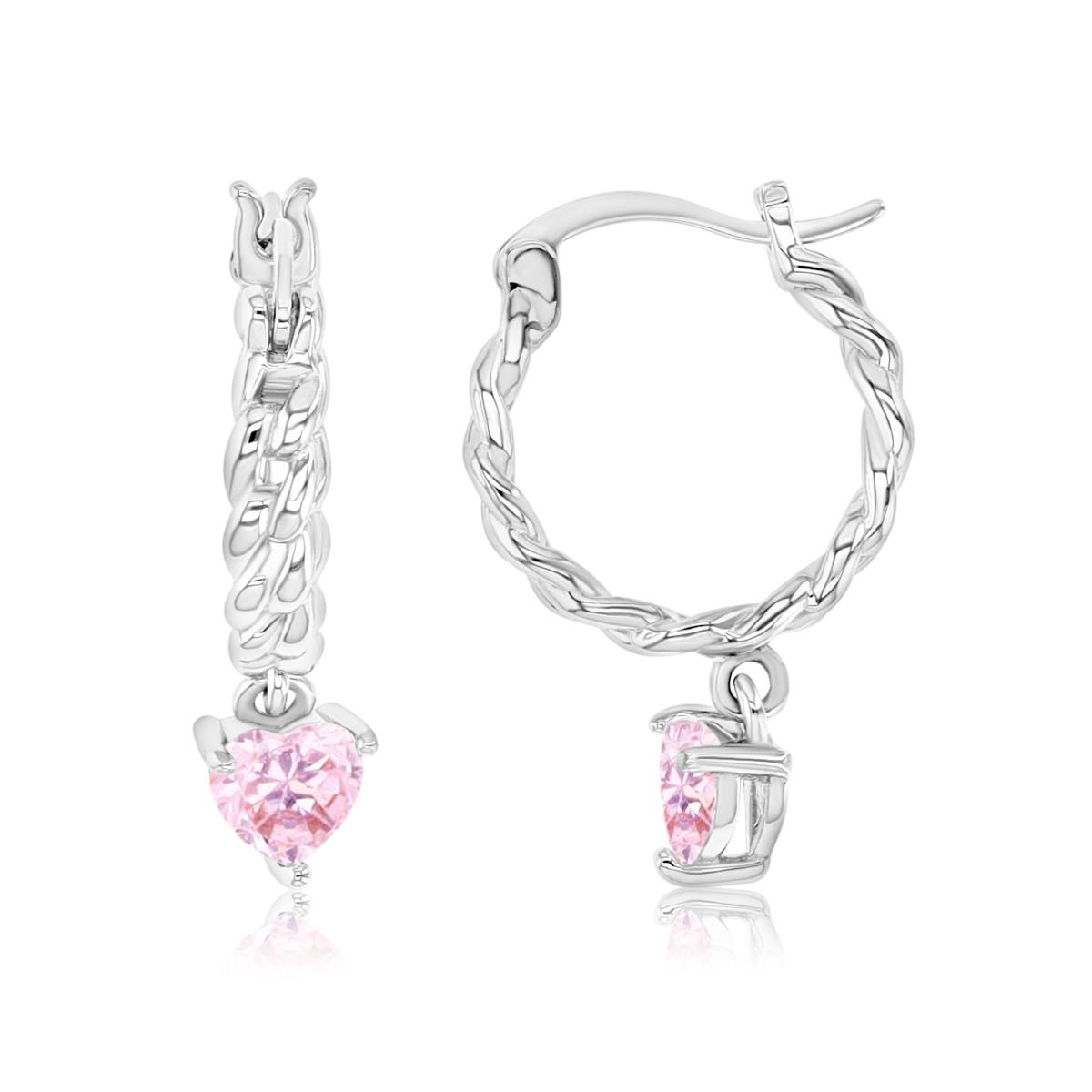 Sterling Silver Rhodium 24MM Polished Cr Pink Heart Hoop Dangling Earrings